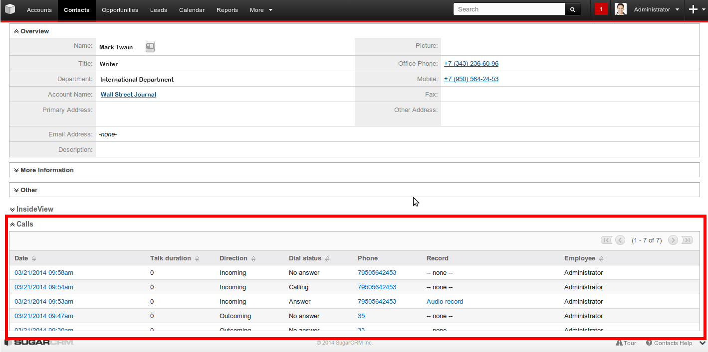 SuiteCRM CTI call history